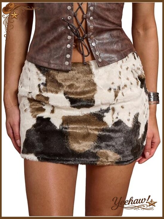 Dresses & Skirts - Faux Fur Cow Print Mini Skirt Fuzzy Low Waist Bodycon Party Skirt